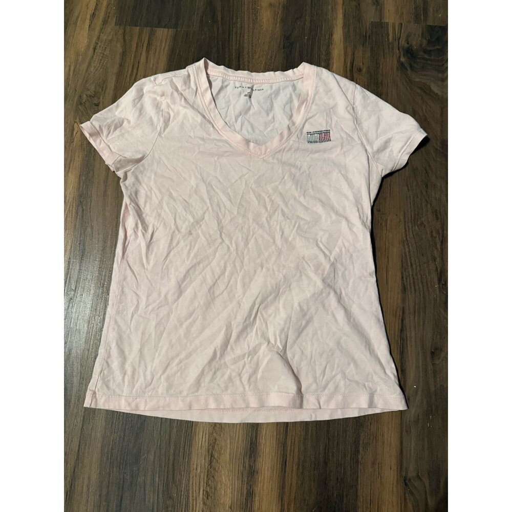 Tommy Hilfiger Women's Light Pink Crew Neck T-Shirt With Rhinestone Flag Size S